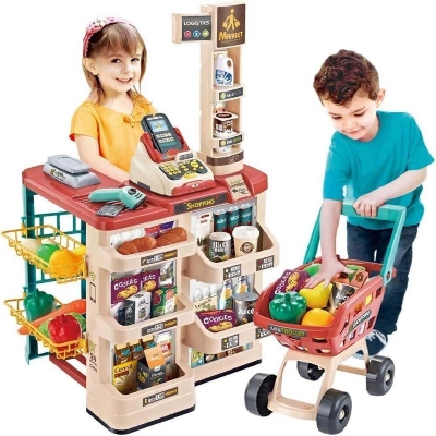 Picture of LONGMIRE 48 Piece Kids Toys Pretend Role Play Electronic Toy with Shopping Cart and Sound Effects Supermarket Kit for Kids (New Home Supermarket)-Multicolor