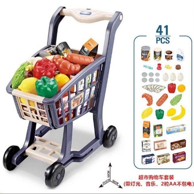 Picture of Children's Simulation Supermarket Shopping Cart Set Lighting Music  Fruit And Vegetable cart toy trolley Family Toys 2023-Multicolor