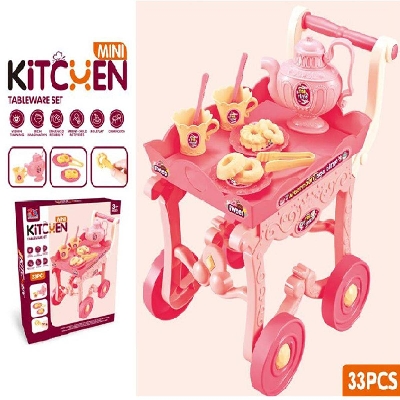 Picture of Trolley tea set toy Mini Kitchen tableware Tea set afternoon snack cart pretend play-Multicolor