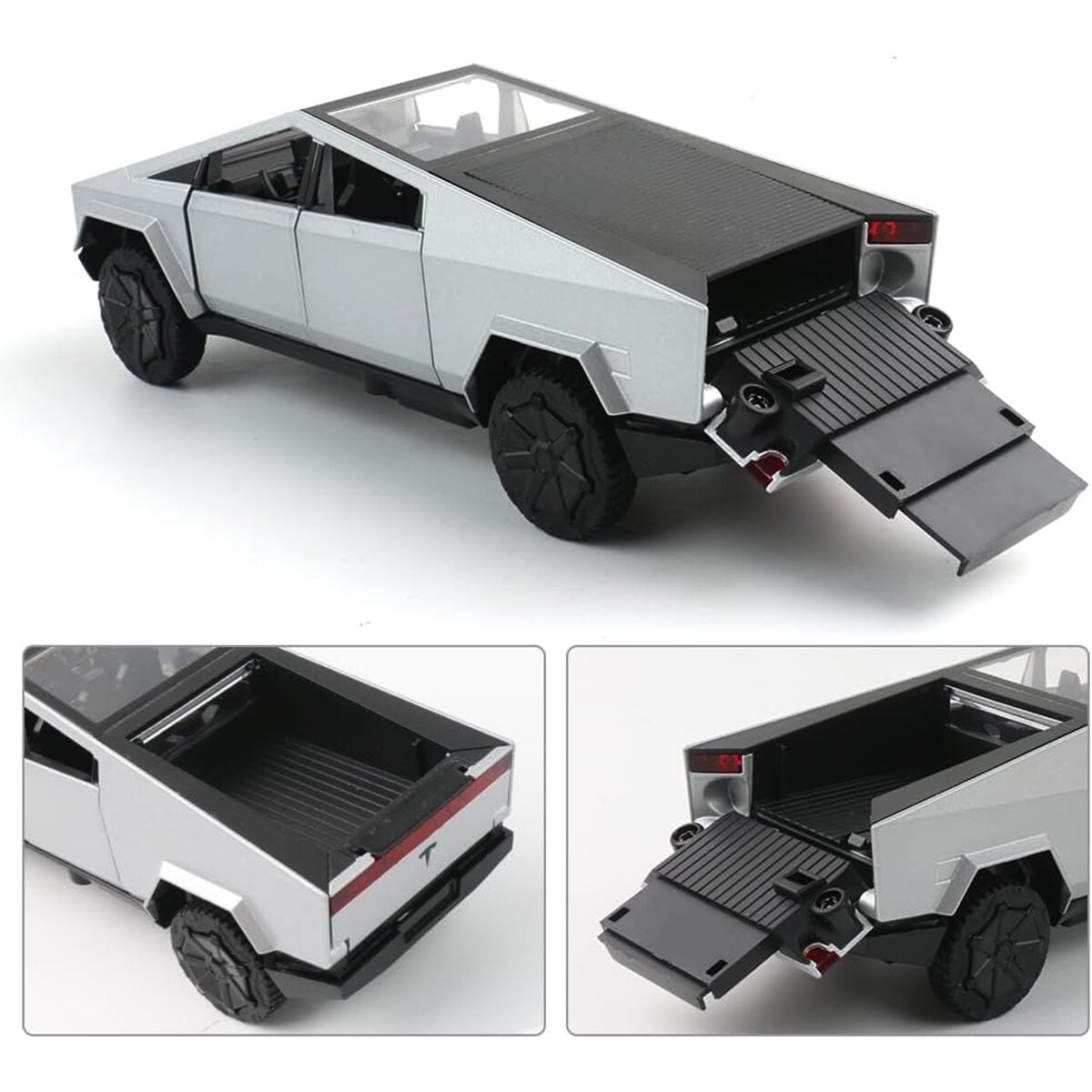 Picture of 1:28 Tesla Cybertruck Diecast Metal Alloy Sound Light Pull Back Model Toy Car (Die-Cast Model Car)-Silver
