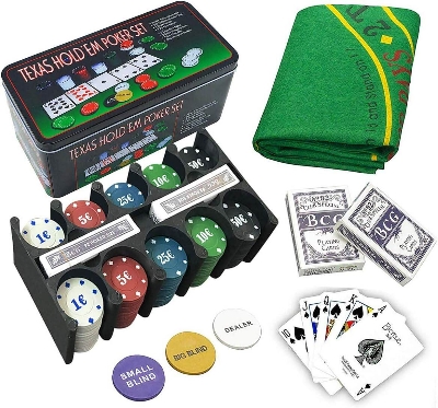 Picture of HOW (HOUSE OF WISHES) with Device 200 Chips/Coins, Cards, Mat, Dealer/Blind Tokens -Set 200 (Tin Case Safe Pack)-Multicolor