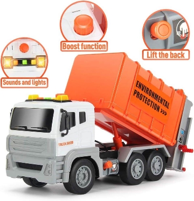 Picture of LOVE LIFE 12" Garbage Truck Toys Trash Truck Dump Truck with 4 Garbage Cans, Friction Powered Truck with Sound and Light,Push and Go Pull Back Car for Boys-Multicolor