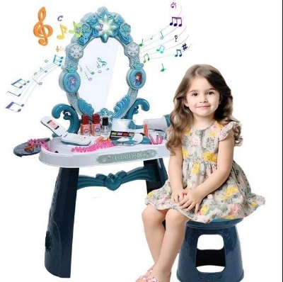 Picture of Kids Fashion Electric Light and Music Beauty Table Girls Toy Make up Mirror Dressing Table with Chair-Multicolor