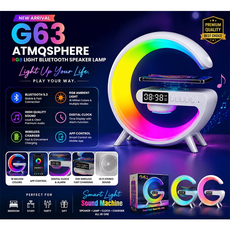 Picture of G63 Speaker Lamp - APP Control 3 in 1 Multi-Function Bluetooth Speaker With Wireless Charging, RGB Light and Alarm Clock - Charger G Lamp with Sunrise Alarm for Bedroom & Bedside table (G Speaker)