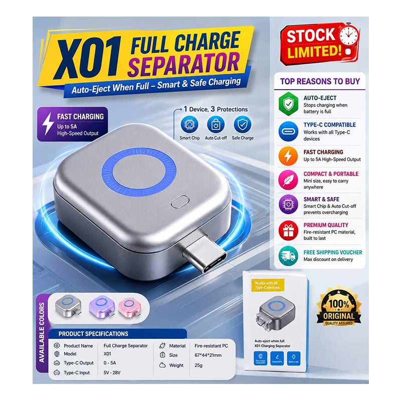 Picture of X01 Full Charge Separator Type-C Fast Charging Adapter | Auto Disconnect USB-C Charger Protector | Smart Chip Battery Protection | 5A Fast Charge Auto Cut-Off Device