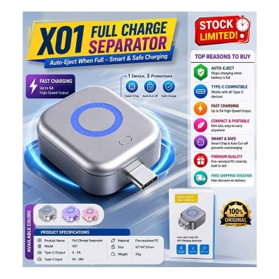 Picture of X01 Full Charge Separator Type-C Fast Charging Adapter | Auto Disconnect USB-C Charger Protector | Smart Chip Battery Protection | 5A Fast Charge Auto Cut-Off Device