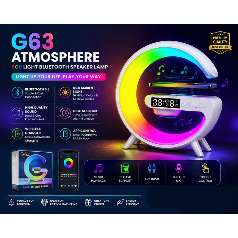 Picture of G63 Speaker Lamp - APP Control 3 in 1 Multi-Function Bluetooth Speaker With Wireless Charging, RGB Light and Alarm Clock - Charger G Lamp with Sunrise Alarm for Bedroom & Bedside table (G Speaker)