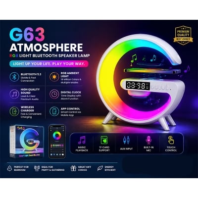 Picture of G63 Speaker Lamp - APP Control 3 in 1 Multi-Function Bluetooth Speaker With Wireless Charging, RGB Light and Alarm Clock - Charger G Lamp with Sunrise Alarm for Bedroom & Bedside table (G Speaker)