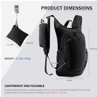 Picture of 16L Foldable Hiking Backpack – Lightweight Packable Water-Repellent Daypack, Ultralight Collapsible Rucksack for Travel, Gym and Outdoor Sports (Black)