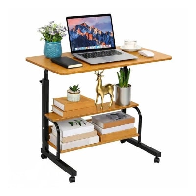 Picture of Double Layer Height Adjustable Laptop Table with Wheels Wooden MDF Top