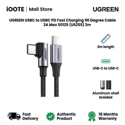 Picture of UGREEN USBC to USBC PD Fast Charging 90 Degree Cable 3A Max 50125 (US255) 2m | 18 Months Warranty - Black