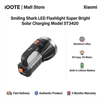 Picture of Smiling Shark LED Flashlight Super Bright Solar Charging Model ST3420 | 3 Months Warranty - Black