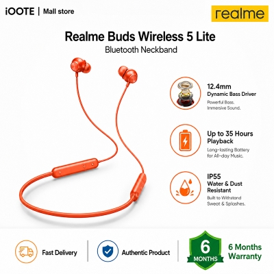 Picture of Realme Buds Wireless 5 Lite Bluetooth Neckband | 12.4mm Bass Driver, 35H Playback, 45ms Low Latency, IP55 | 6 Months Warranty