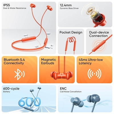Picture of Realme Buds Wireless 5 Lite Bluetooth Neckband | 12.4mm Bass Driver, 35H Playback, 45ms Low Latency, IP55 | 6 Months Warranty