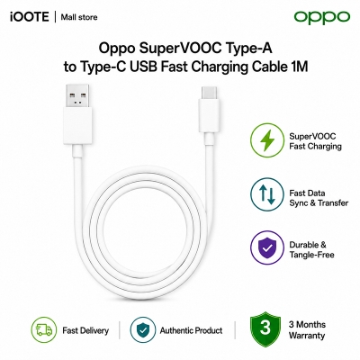 Picture of Oppo SuperVOOC Type-A to Type-C USB Fast Charging 1M Cable | Data Sync Cable for OPPO Devices | 3 Months Warranty - White
