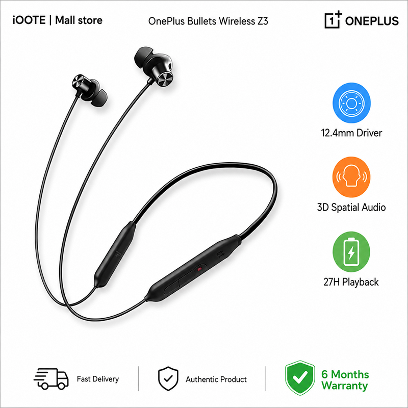 Picture of OnePlus Bullet Wireless Z3 Bluetooth Neckband | 12.4mm Driver, 3D Spatial Audio, 10 Min Charge 27H Playback | 6 Months Warranty