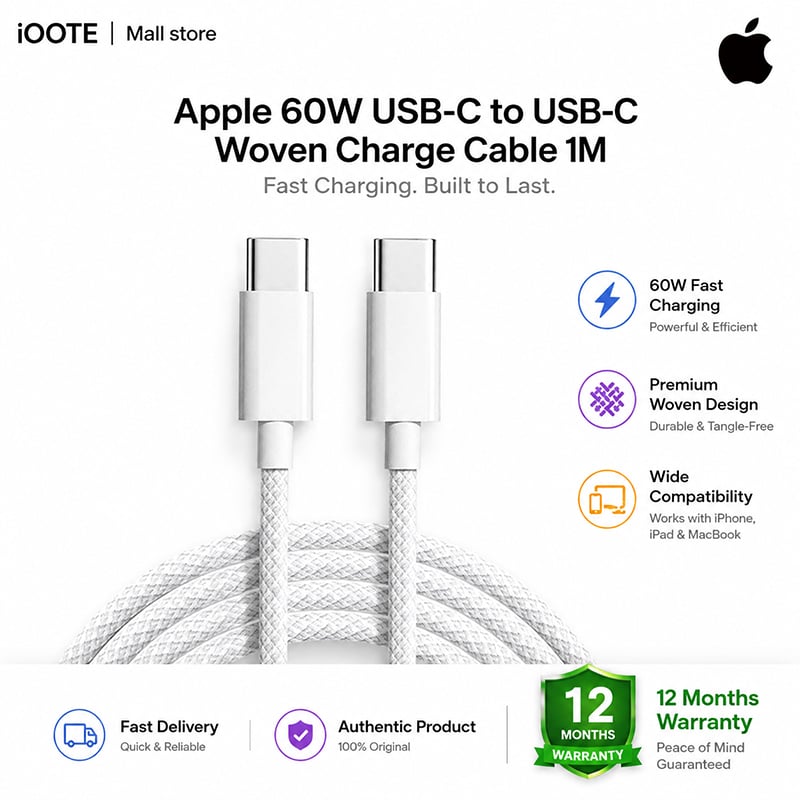 Picture of Apple 60W USB-C to USB-C Woven Charge Cable 1M | Fast Charging Cable for iPhone, iPad & MacBook | 12 Months Warranty - White