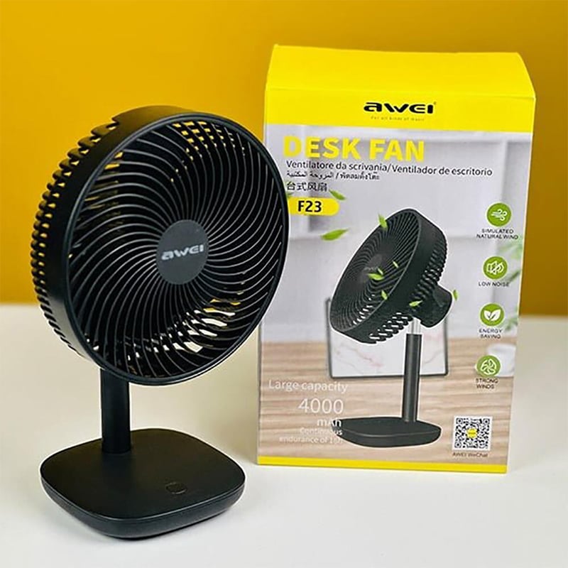 Picture of Awei F30 Mini Portable Rechargeable Desk Stand Fan, 3600mAh rechargeable battery, 3 to 9 hours of cooling on a single charge, 3 gears Brushless Servo Motor, 6 months warranty - Black