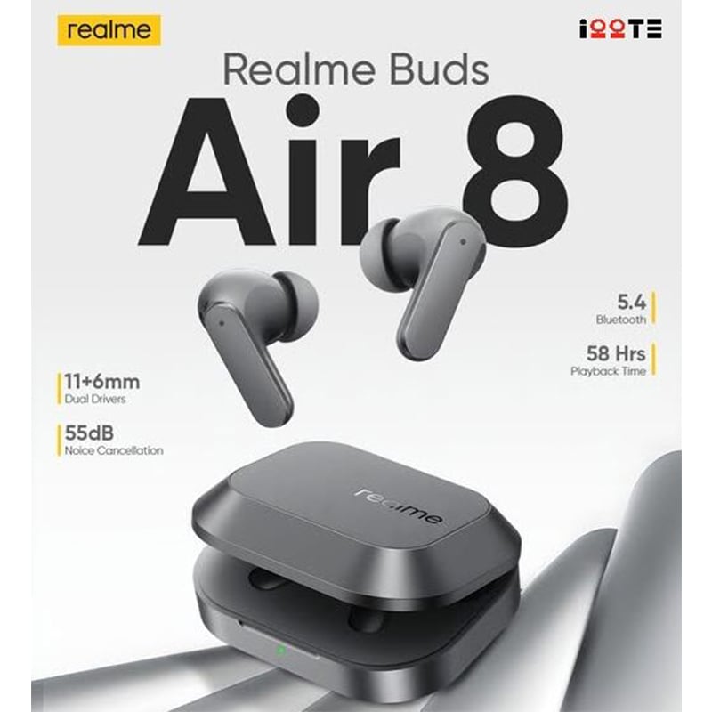 Picture of Realme Buds Air 8 55dB ANC earbuds ,11mm+6mm Dual Dynamic Bass Drivers,58Hrs Playtime, 55dB ANC,6 Mic ENC, 45ms Low Latency, 360° Spatial Audio, Hi-Res LHDC, IP55 Dust & Water Resistant, BT v5.4