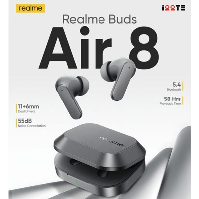 Picture of Realme Buds Air 8 55dB ANC earbuds ,11mm+6mm Dual Dynamic Bass Drivers,58Hrs Playtime, 55dB ANC,6 Mic ENC, 45ms Low Latency, 360° Spatial Audio, Hi-Res LHDC, IP55 Dust & Water Resistant, BT v5.4
