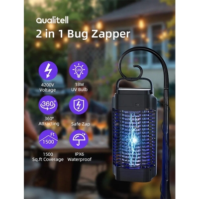 Picture of Xiaomi Qualitell D2 Electric Mosquito Repellent 4200V High Volts 18W Bulb Bug Waterproof Zapper Mosquito Killer Lamp High Voltage UV Lamp Repellent Hangable for Indoor Outdoor Park Restaurant Store Office 4200v Instantly Kill mosquito - Black