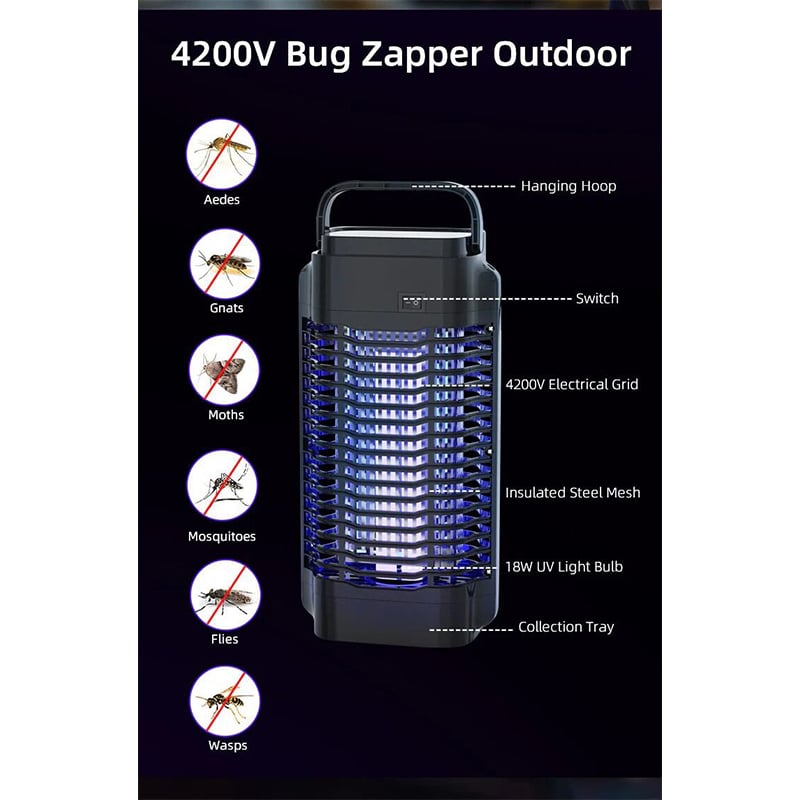 Picture of Xiaomi Qualitell D2 Electric Mosquito Repellent 4200V High Volts 18W Bulb Bug Waterproof Zapper Mosquito Killer Lamp High Voltage UV Lamp Repellent Hangable for Indoor Outdoor Park Restaurant Store Office 4200v Instantly Kill mosquito - Black