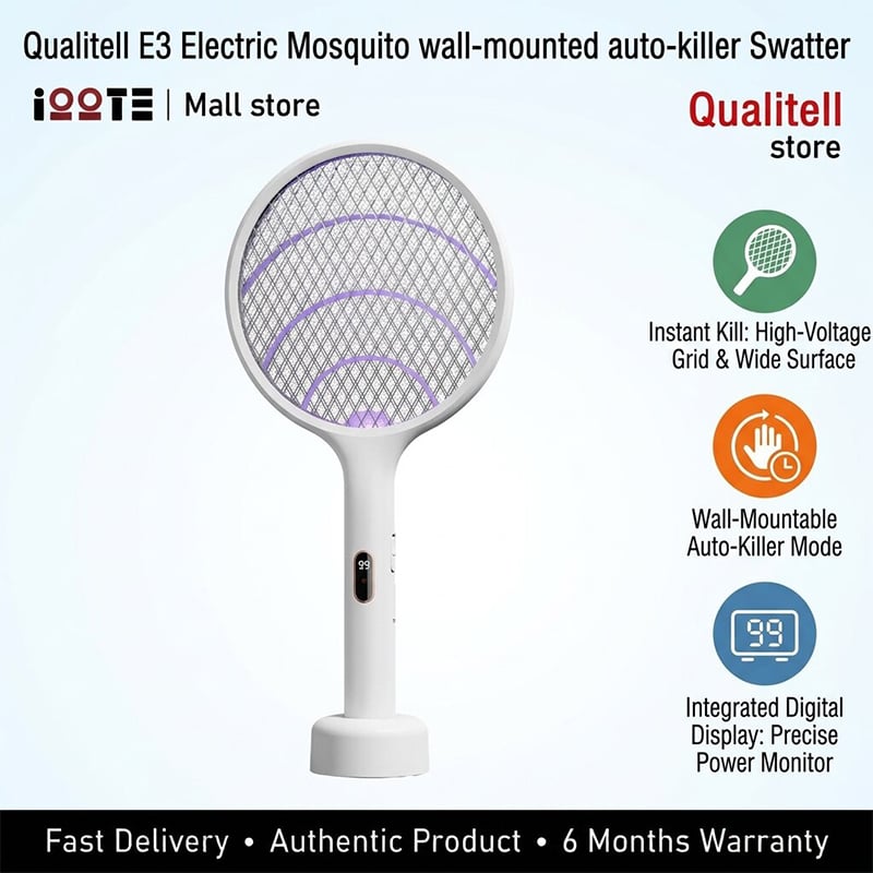 Picture of Qualitell E3 Electric Mosquito wall-mounted auto-killer Swatter | 3-in-1 UV Trap, Rechargeable, Digital Display - White