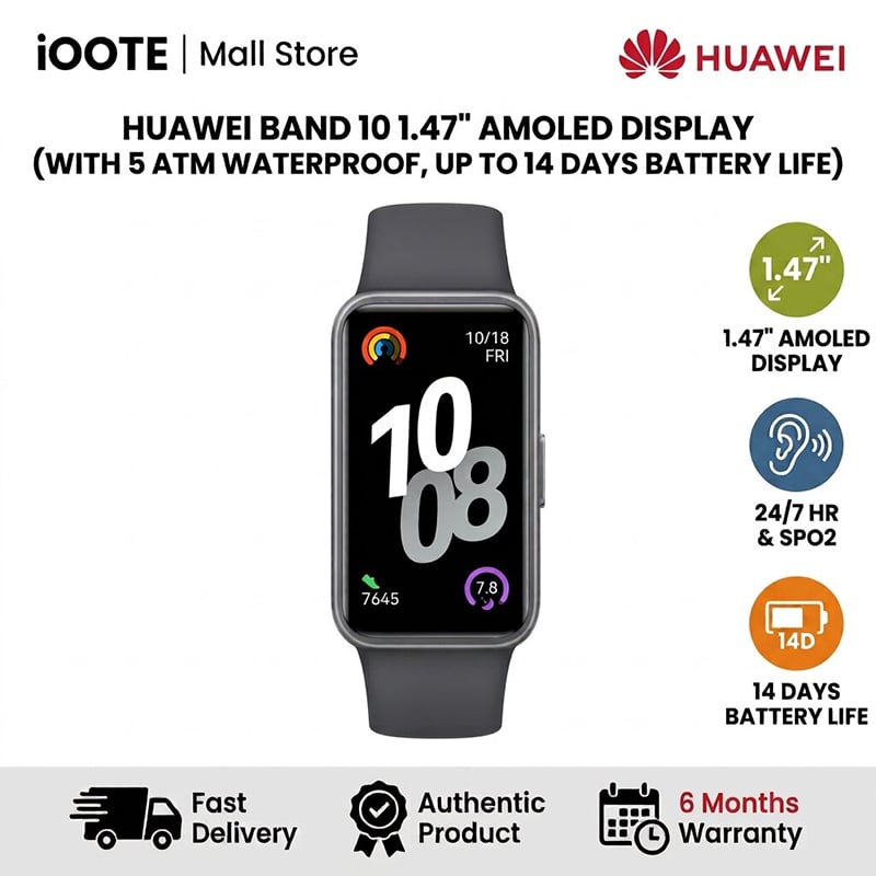 Picture of Huawei Band 10 1.47" AMOLED display with 5 ATM Waterproof Up to 14 Days Battery Life - Black