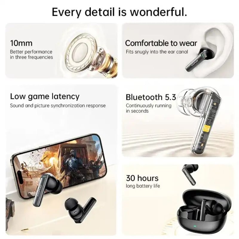 Picture of Awei T88 ANC True Wireless Bluetooth Earphone Gaming Headset 10mm Moving Coil Super Bass Spatial Sound Effects Earbuds with 30 Hours Of Playback - Black