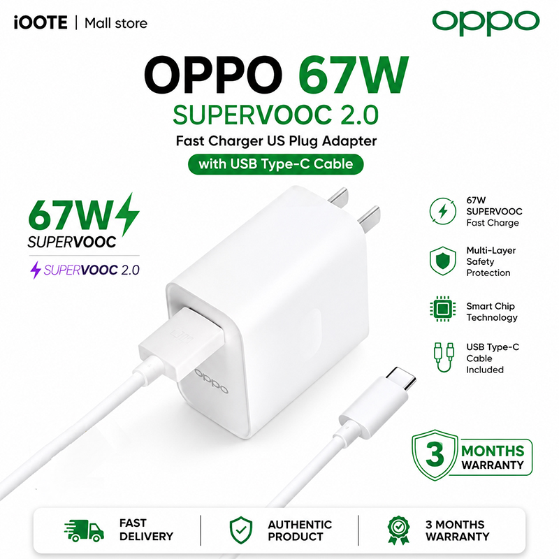 Picture of OPPO 67W SUPERVOOC 2.0 Fast Charger US Plug Adapter with USB Type-C Cable | 3 Months Warranty - White