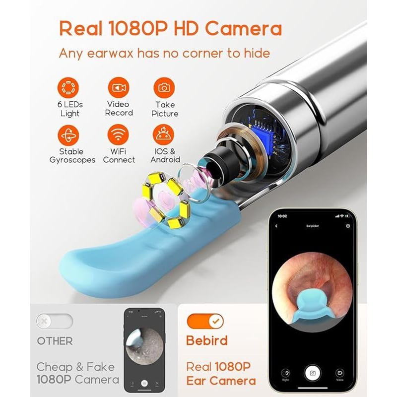 Picture of BEBIRD Ear Wax Removal Tool R1 Upgraded Version with 1080HD Camara, Waterproof, Anti-Fall Off Eartip, Wireless Otoscop with Light and Camera, Android/iOS Support - Multicolor