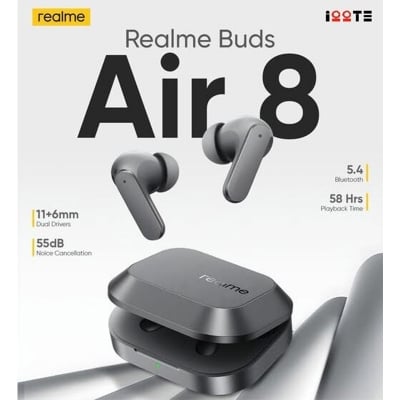 Picture of Realme Buds Air 8 55dB ANC earbuds ,11mm+6mm Dual Dynamic Bass Drivers,58Hrs Playtime, 55dB ANC,6 Mic ENC, 45ms Low Latency, 360° Spatial Audio, Hi-Res LHDC, IP55 Dust & Water Resistant, BT v5.4