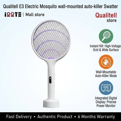Picture of Qualitell E3 Electric Mosquito wall-mounted auto-killer Swatter | 3-in-1 UV Trap, Rechargeable, Digital Display - White