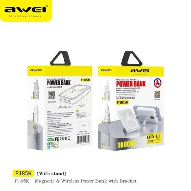 Picture of Awei charger P185K 15 watt magnetic Wireless charging Powerbank 10000Mah - Grey