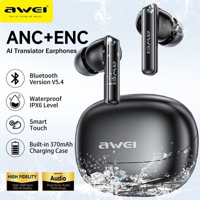 Picture of Awei T88 ANC True Wireless Bluetooth Earphone Gaming Headset 10mm Moving Coil Super Bass Spatial Sound Effects Earbuds with 30 Hours Of Playback - Black