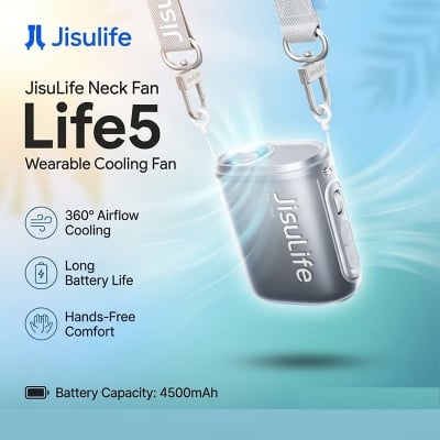 Picture of JisuLife Life5 Neck Fan, 4500mAh USB Rechargeable, 16-Hour Runtime, LED Display, 100-Level Adjustable Strong Wind, Handheld Fan, Desktop Fan with LED Screen, Portable Sports Fan, Waist Fan