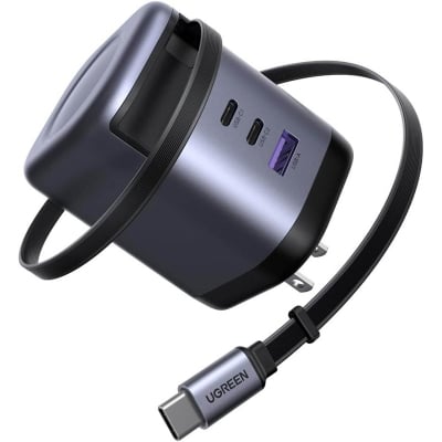 Picture of UGREEN Nexode 100W GaN USB C Retractable Charger with Built-in Cable, 3-Port Fast Charging Wall Adapter for Laptop, MacBook Pro/Air/Neo, iPhone 17/16, Galaxy S26, Pixel, iPad, MatePad, DJI Drone - Multicolor