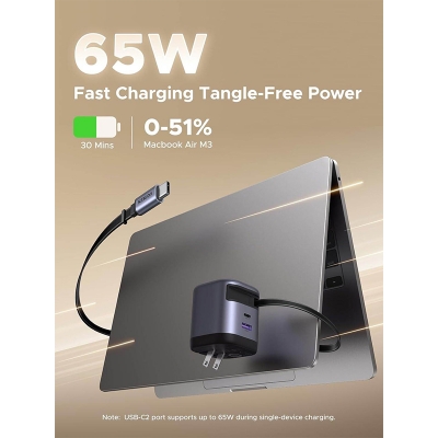 Picture of UGREEN Nexode 65W GaN USB C Retractable Charger with Built-in Cable, 2-Port Fast Charging Wall Adapter for iPhone 17/16/15, Galaxy S26/S25/S24, Pixel 10/9/8, MacBook Pro/Air/Neo, iPad, AirPods - Multicolor