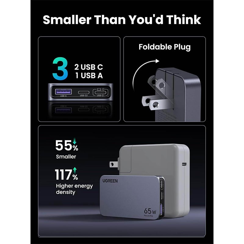 Picture of UGREEN Nexode Pro 65W GaN USB C Slim Wall Charger, 3-Port Compact Fast PPS Charger for iPhone 17/16/15 Series, MacBook Air, iPad Pro, Galaxy S25/S24, Pixel 10/9, Steam Deck - Grey