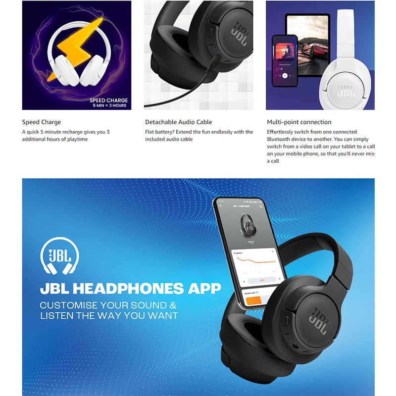Picture of [ORIGINAL] JBL TUNE 720BT Headworn Wireless Earphones with Pure Low Frequency Sound Effects Bluetooth 5.3 Handsfree Calling - White