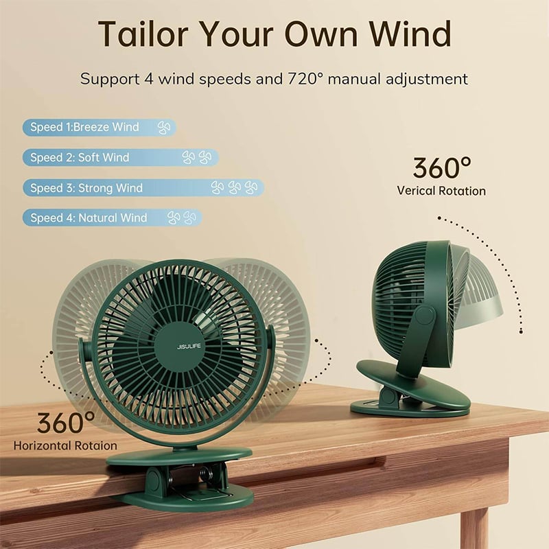 Picture of JISULIFE FA29A 4000mAh Clip On Desk Fan – Powerful Cooling - Green