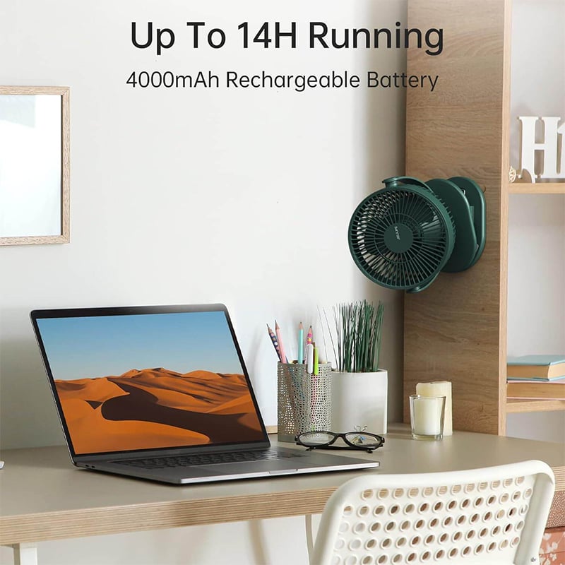 Picture of JISULIFE FA29A 4000mAh Clip On Desk Fan – Powerful Cooling - Green