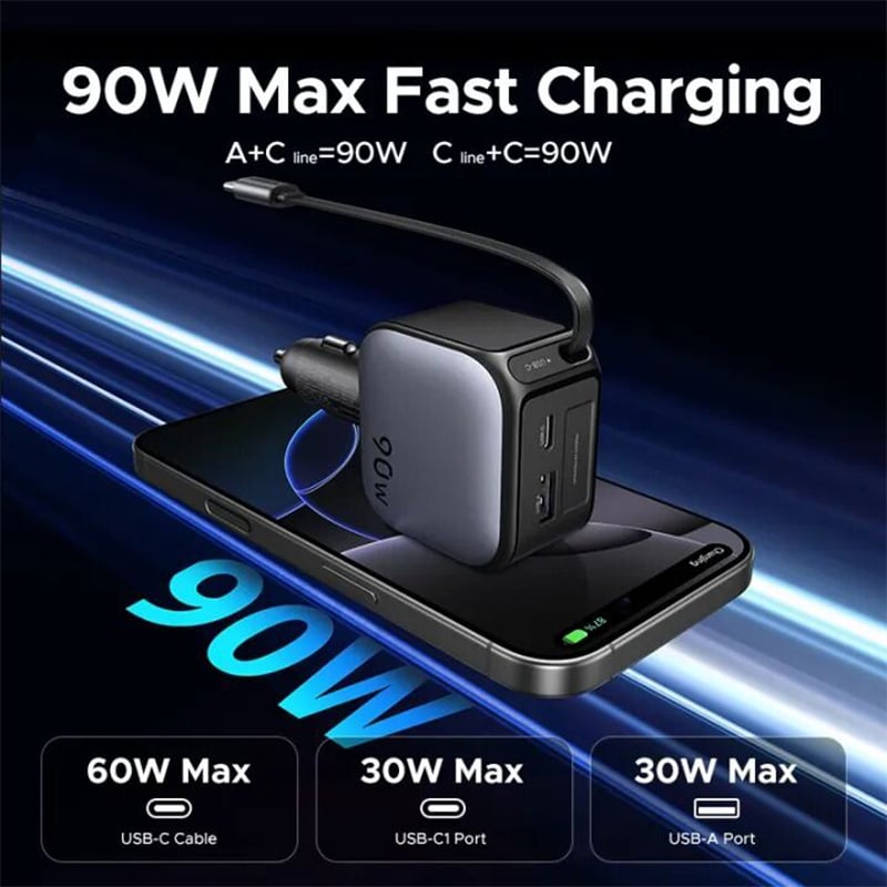 Picture of UGREEN 145W 90W 60W Muti Ports Car Charger with USB-C Retractable Cable for Samsung S26 Ultra S25 Ultra iPhone 16 Pro Max iPhone 17 Pro Max