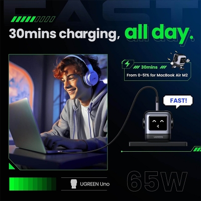 Picture of UGREEN Uno 65W USB C Charger Block, Nexode 3-Port GaN Fast Charger with Screen, Fun Robot Gifts for Men Women, Compatible with iPhone 17, MacBook Pro/Air/Neo, XPS, Galaxy S26, Steam Deck, Black - Black