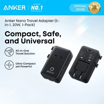Picture of Anker Nano Travel Adapter, 5-Port Power Adapter with 1× 2-Pin AC, 2 USB A, 2 USB C for 20W, Smart Temperature Control, Works in 200+ Countries, Not a Voltage Converter, Travel Essentials - Black