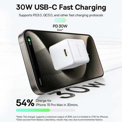 Picture of Baseus Palm Fast Charger 1C 30W With Type-C to Type-C Cable - White