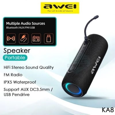 Picture of Awei KA8 Outdoor Portable Speaker Bluetooth 5.3 IPX5 Waterproof RGB Light Wireless Speaker Power Bass Sound Box Support FM AUX TWS For Beach Travel Camping Party - Black