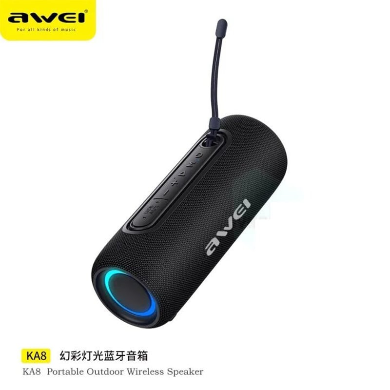 Picture of Awei KA8 Outdoor Portable Speaker Bluetooth 5.3 IPX5 Waterproof RGB Light Wireless Speaker Power Bass Sound Box Support FM AUX TWS For Beach Travel Camping Party - Black