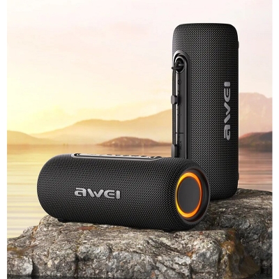 Picture of Awei KA8 Outdoor Portable Speaker Bluetooth 5.3 IPX5 Waterproof RGB Light Wireless Speaker Power Bass Sound Box Support FM AUX TWS For Beach Travel Camping Party - Black