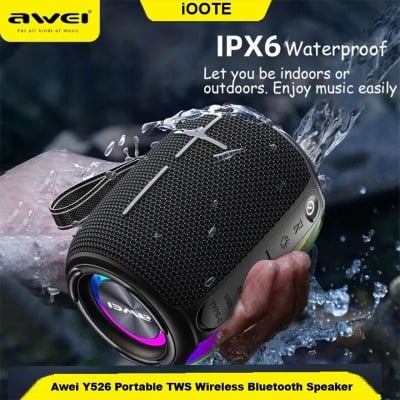 Picture of Awei Y526 Portable TWS Wireless Bluetooth Speaker Built in Mic Heavy Bass Stereo Sound IPX6 Waterproof 12H Playtime Speakers Outdoor Support TF Card Aux - Black